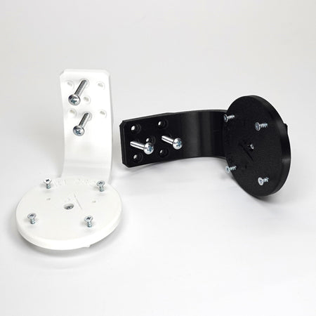 3D-printed Ring camera mounts in black and white, featuring curved arm brackets, and included installation screws.