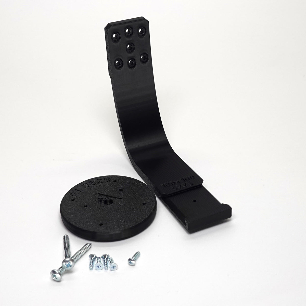 Black 3D-printed Ring camera mount kit featuring a curved arm bracket, include screws.