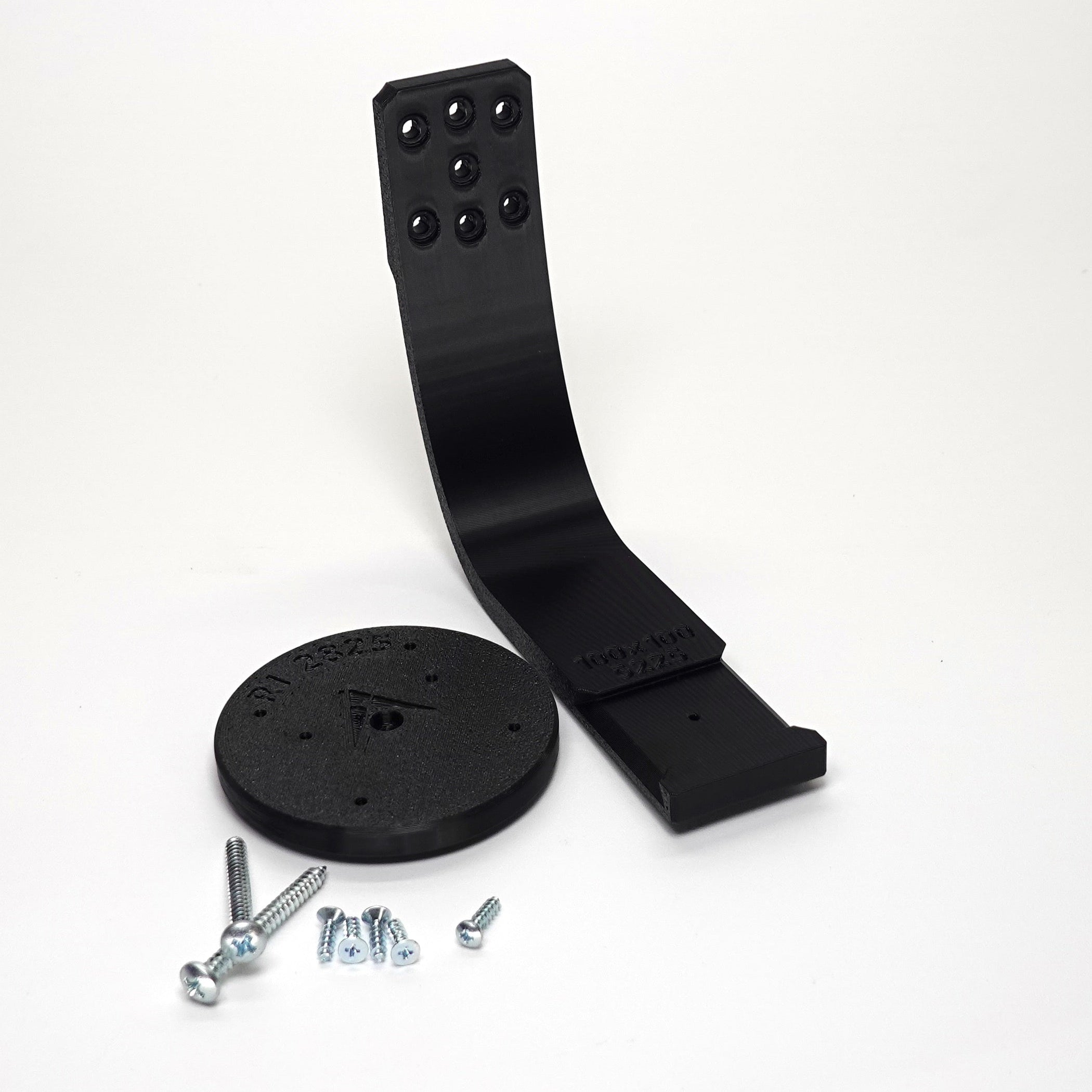 Black 3D-printed Ring camera mount kit featuring a curved arm bracket, include screws.