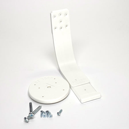 white 3D-printed Ring camera mount kit featuring a curved arm bracket, include screws.