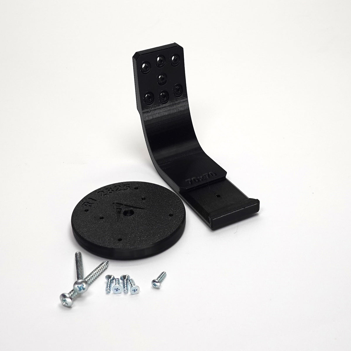 Black 3D-printed Ring camera mount kit featuring a curved arm bracket, include screws.