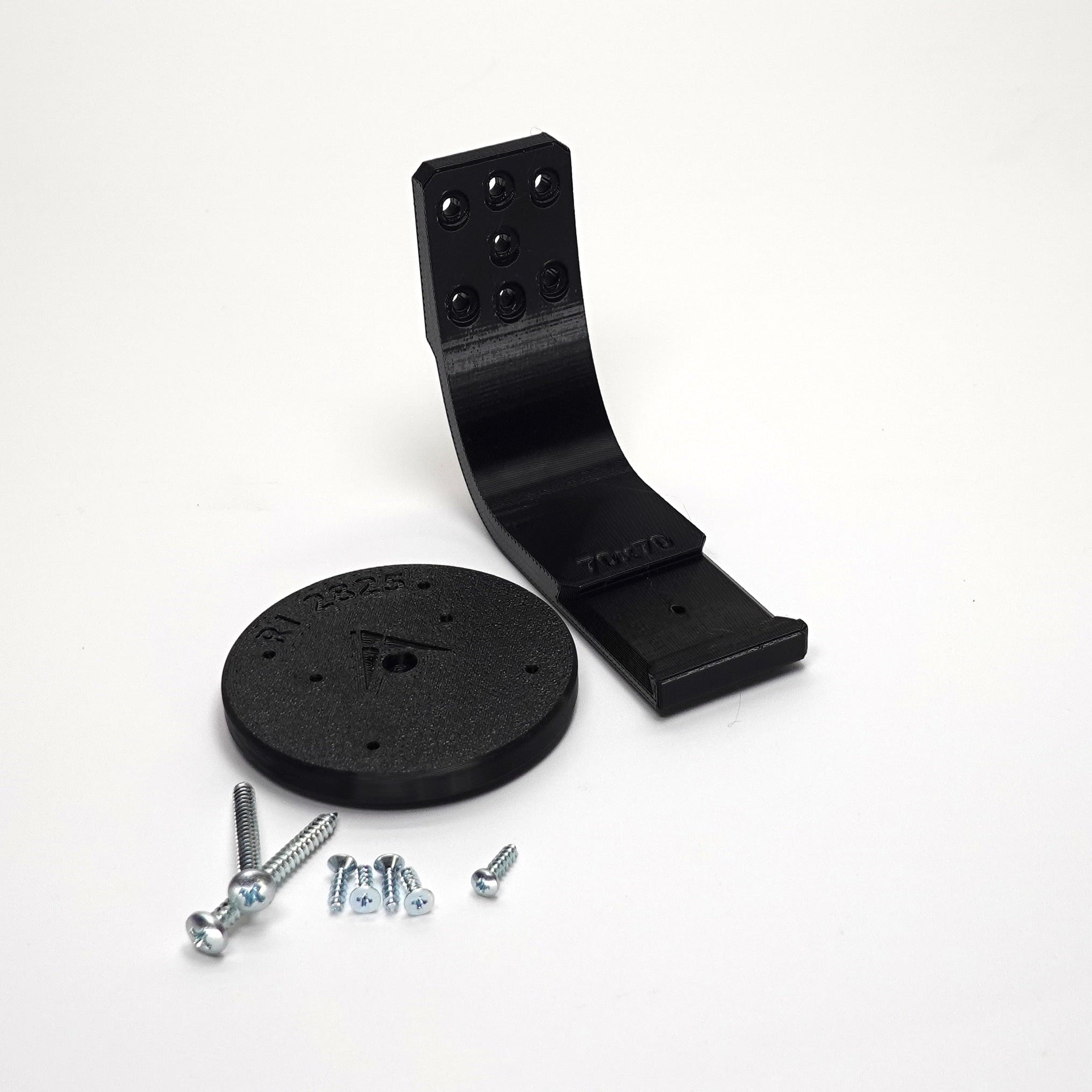 Black 3D-printed Ring camera mount kit featuring a curved arm bracket, include screws.