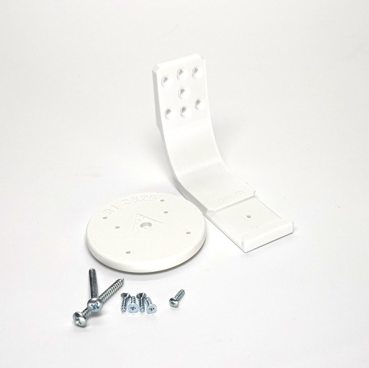 white 3D-printed Ring camera mount kit featuring a curved arm bracket, include screws.