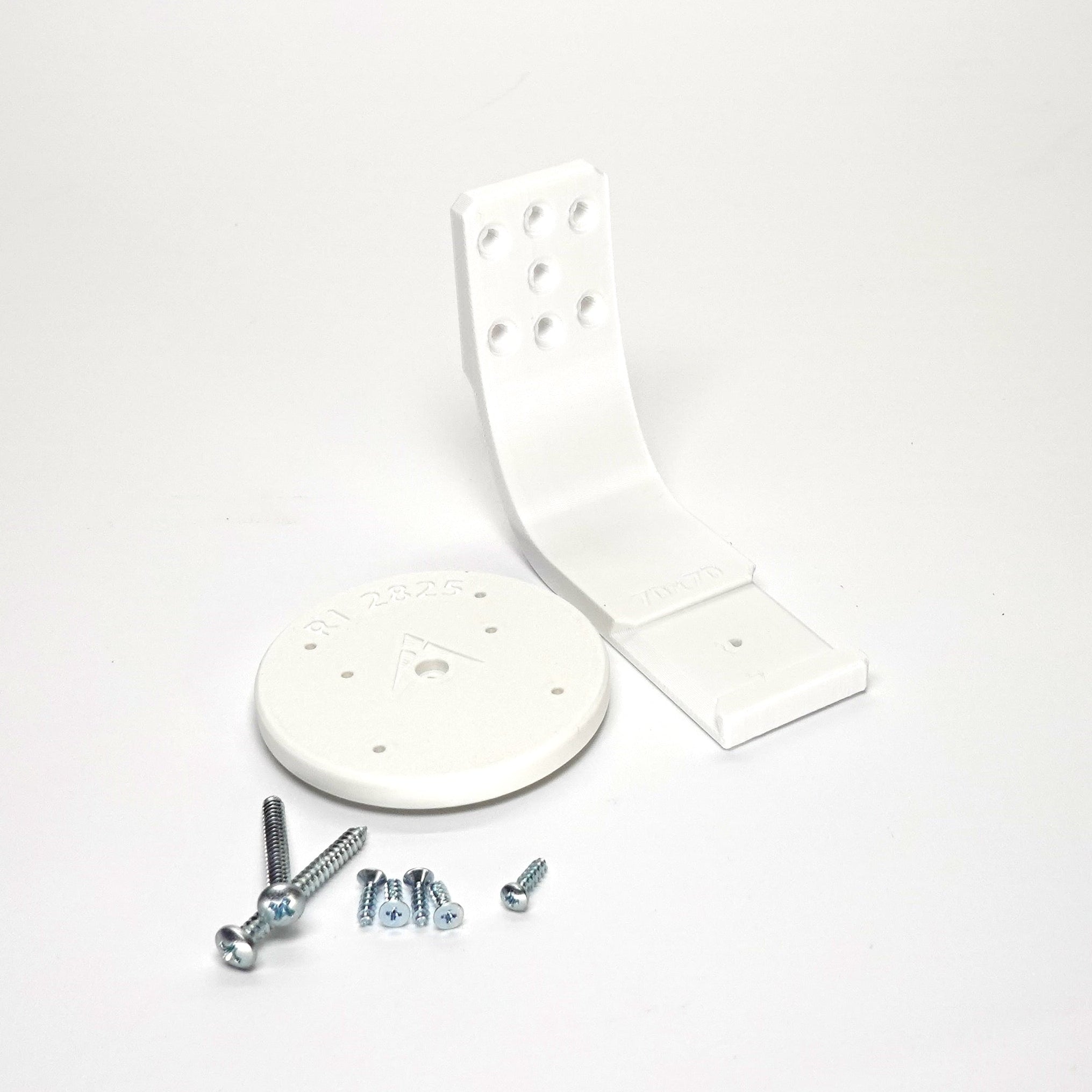 white 3D-printed Ring camera mount kit featuring a curved arm bracket, include screws.