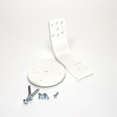 white 3D-printed Ring camera mount kit featuring a curved arm bracket, include screws.