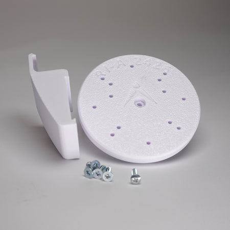 White 3D-printed Dutch Lap siding clip and circular mounting plate for ring Cam Siding Clips, include five mounting screws.