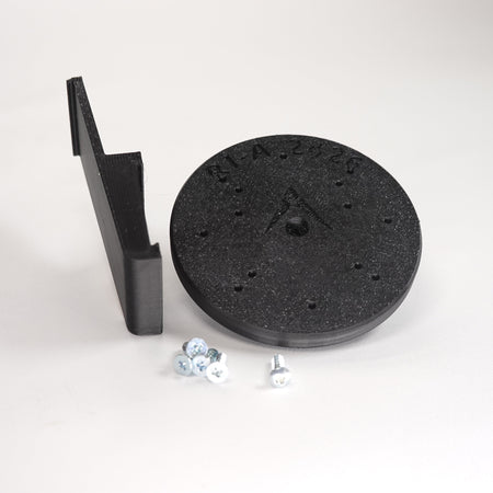 Black 3D-printed Plank vinyl siding clip and circular mounting plate for ring Cam Siding Clips, include  five mounting screws.