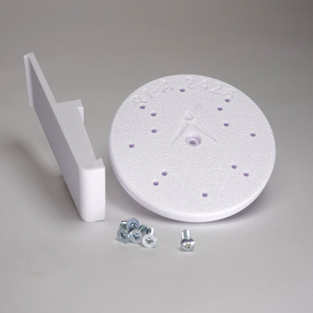 White 3D-printed Plank vinyl siding clip and circular mounting plate for ring Cam Siding Clips, include five mounting screws.