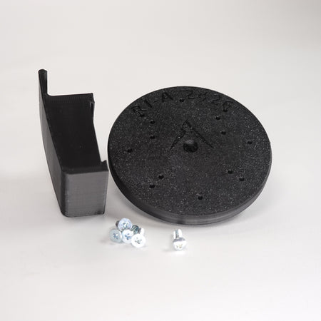 Black 3D-printed Traditional Clapboard siding clip and circular mounting plate for ring Cam Siding Clips, include five mounting screws.