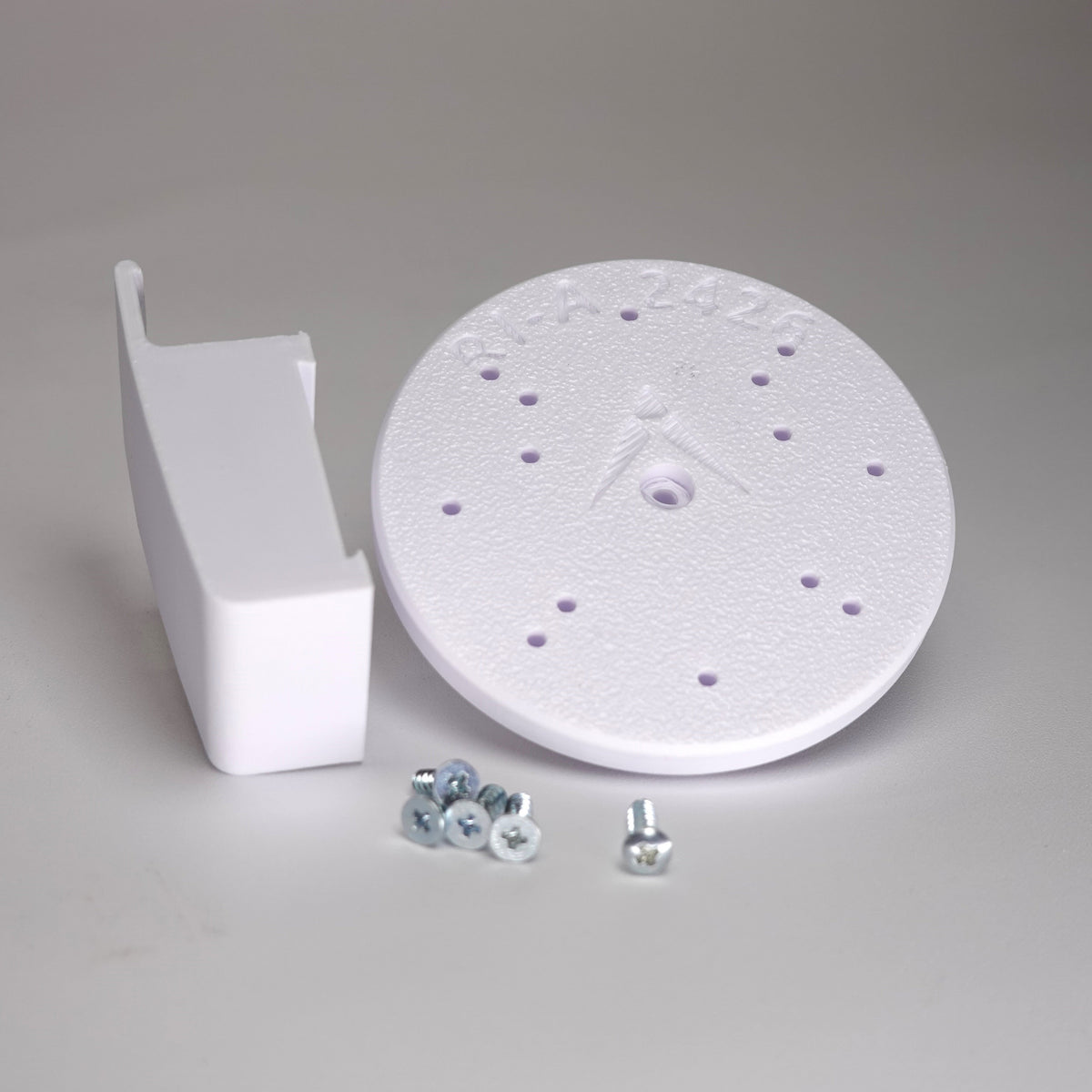 white 3D-printed Traditional Clapboard siding clip and circular mounting plate for ring Cam Siding Clips, include five mounting screws.
