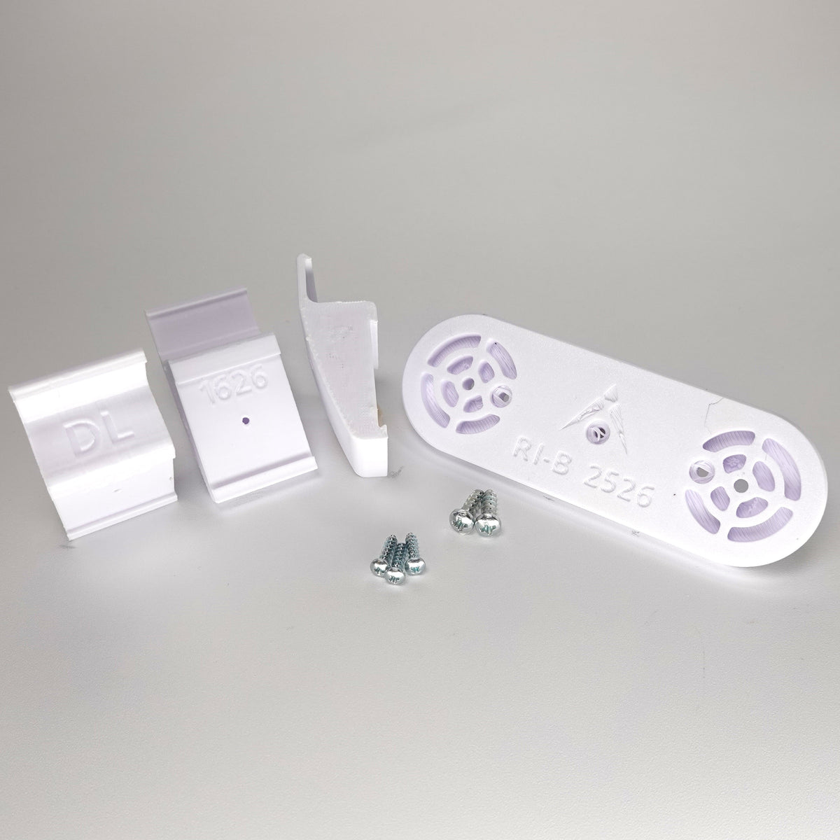 White 3D-printed no-drill Dutch Lap siding clip kit for a Ring Solar Panel