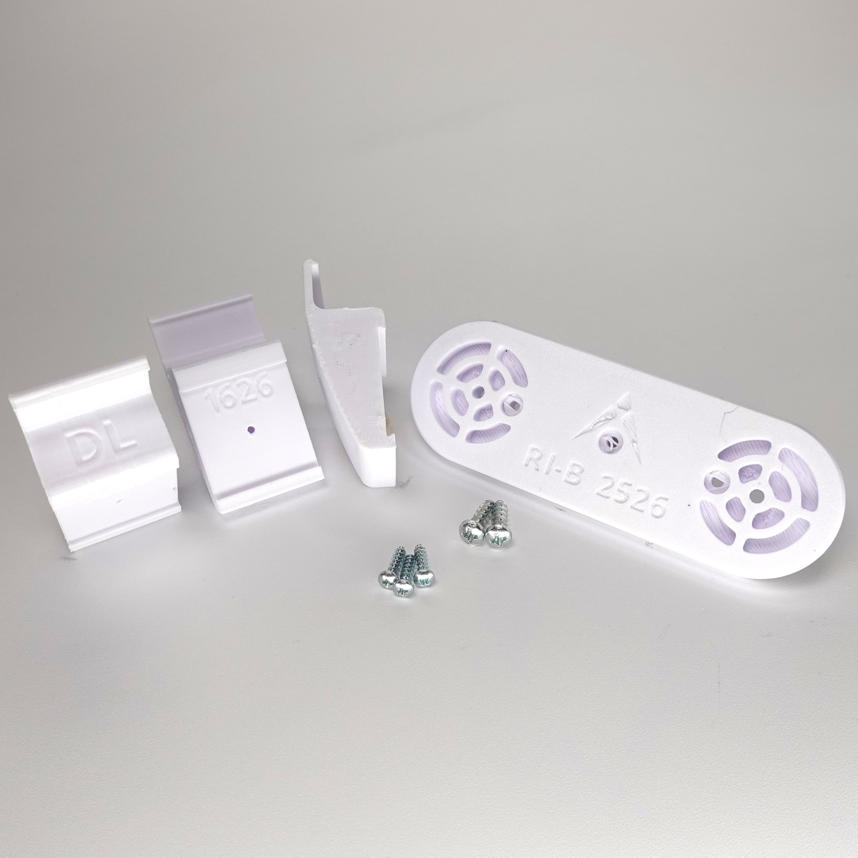White 3D-printed no-drill Dutch Lap siding clip kit for a Ring Solar Panel