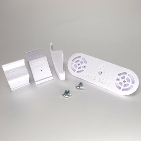 White 3D-printed no-drill Dutch Lap siding clip kit for a Ring Solar Panel