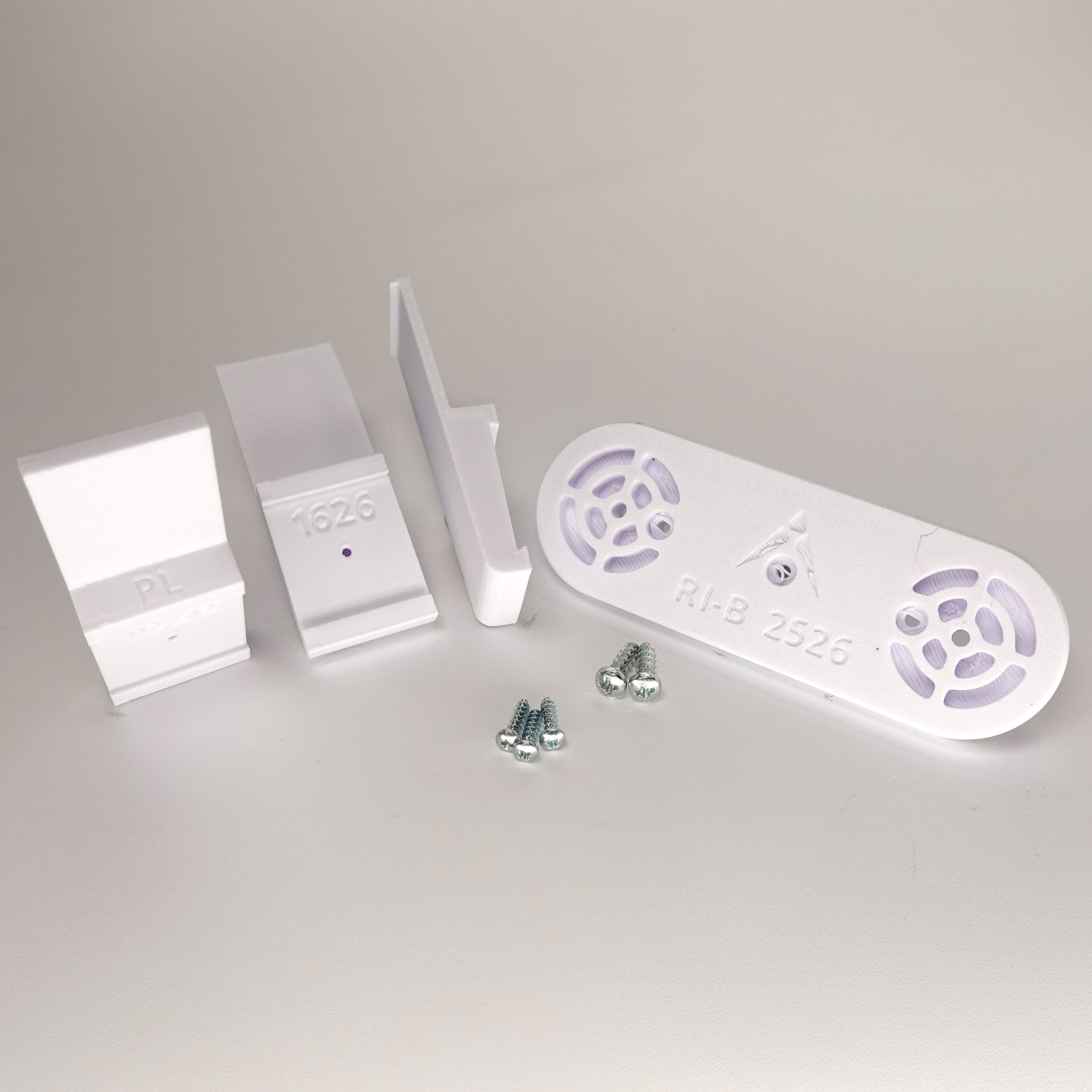 White 3D-printed no-drill Plank siding clip kit for a Ring Solar Panel.