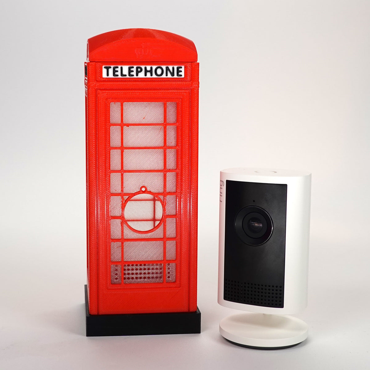 3D-printed miniature London K6 telephone box decorative case for a  Ring Indoor Cam Gen 2
