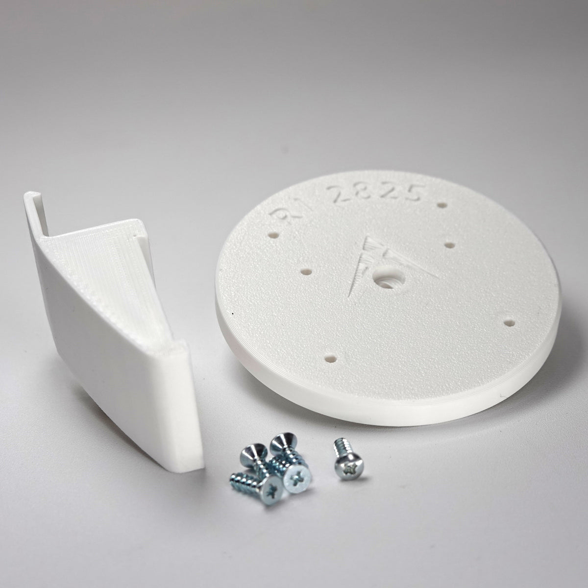 White 3D-printed Dutch Lap siding clip and circular mounting plate for ring Cam Siding Clips, include five mounting screws.