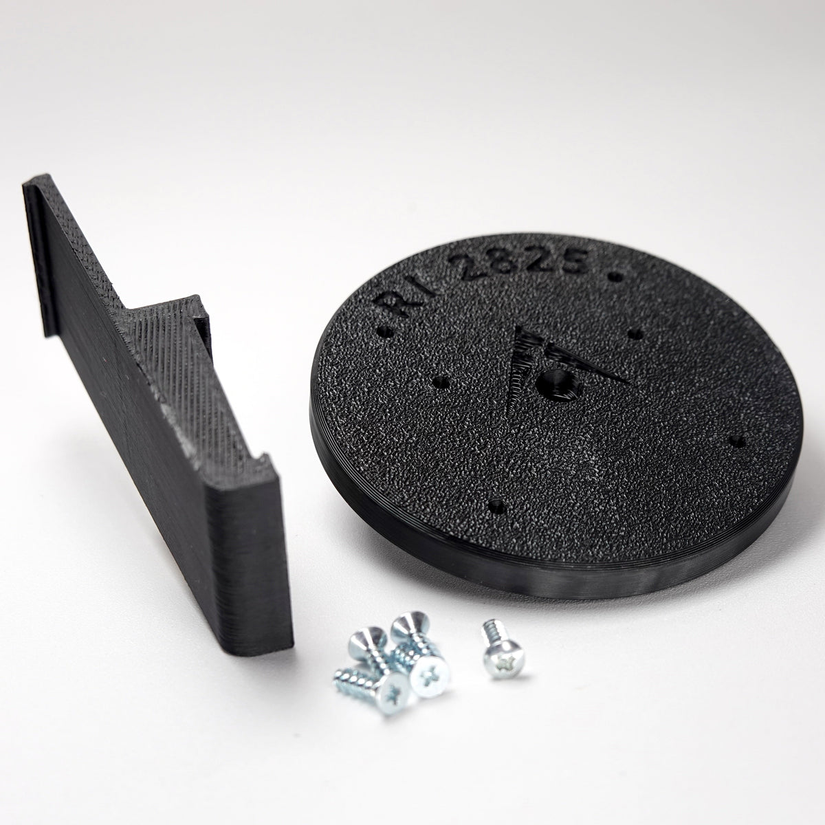 Black 3D-printed Plank vinyl siding clip and circular mounting plate for ring Cam Siding Clips, include  five mounting screws.