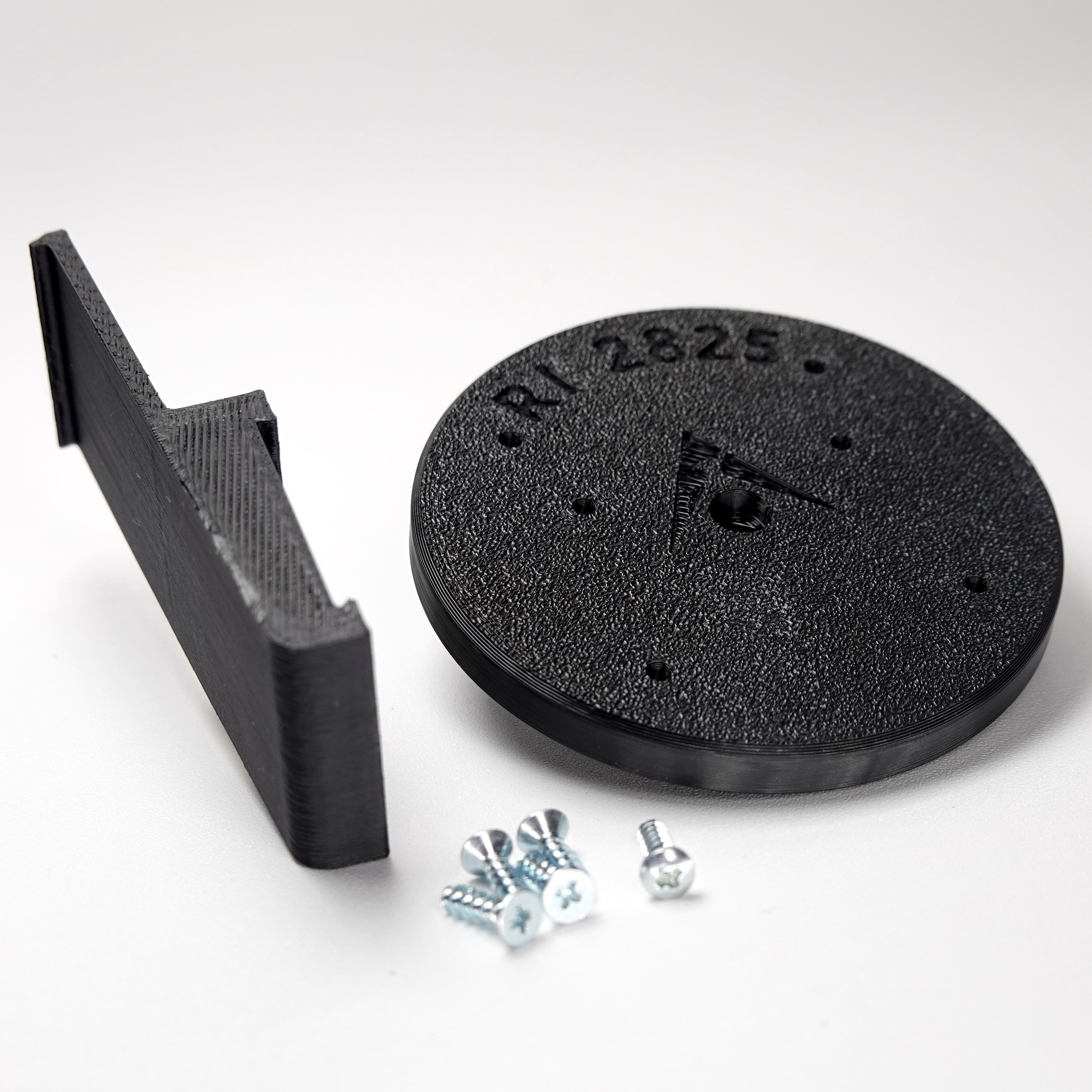 Black 3D-printed Plank vinyl siding clip and circular mounting plate for ring Cam Siding Clips, include  five mounting screws.