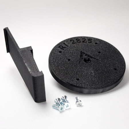 Black 3D-printed Plank vinyl siding clip and circular mounting plate for ring Cam Siding Clips, include  five mounting screws.