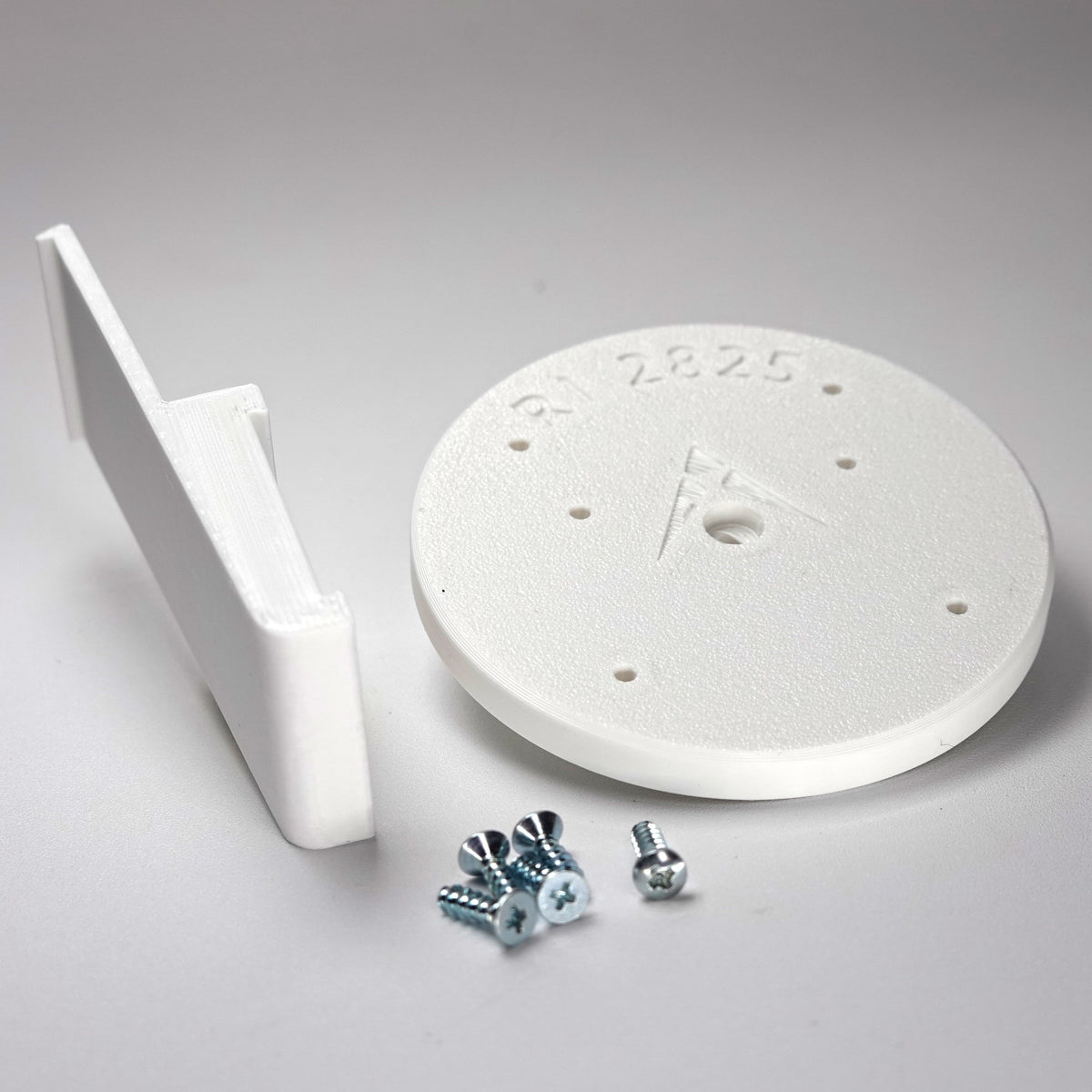 White 3D-printed Plank vinyl siding clip and circular mounting plate for ring Cam Siding Clips, include five mounting screws