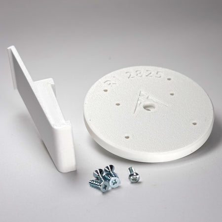 White 3D-printed Plank vinyl siding clip and circular mounting plate for ring Cam Siding Clips, include five mounting screws