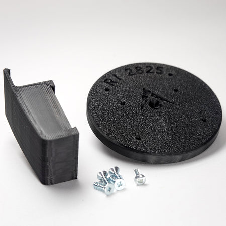 Black 3D-printed Traditional Clapboard siding clip and circular mounting plate for ring Cam Siding Clips, include five mounting screws.