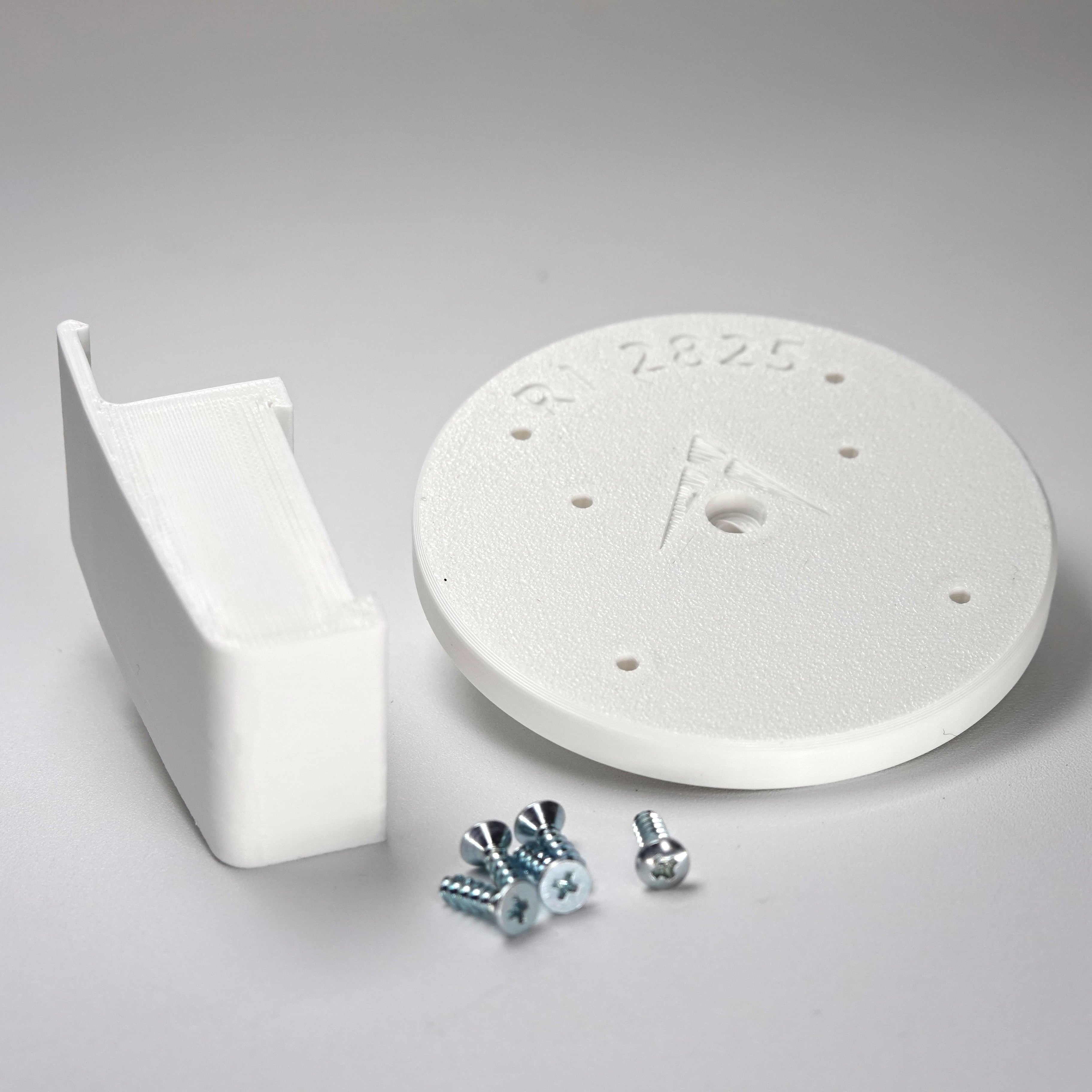 white 3D-printed Traditional Clapboard siding clip and circular mounting plate for ring Cam Siding Clips, include five mounting screws.