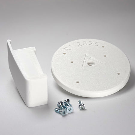 white 3D-printed Traditional Clapboard siding clip and circular mounting plate for ring Cam Siding Clips, include five mounting screws.