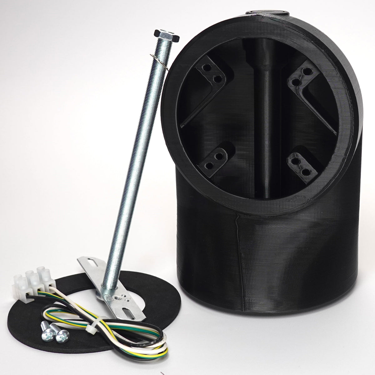 Black 3D-printed Slim 90° Soffit Mount for floodlight cameras, include screws, round weatherproof gasket, wires and crossbar installation hardware.
