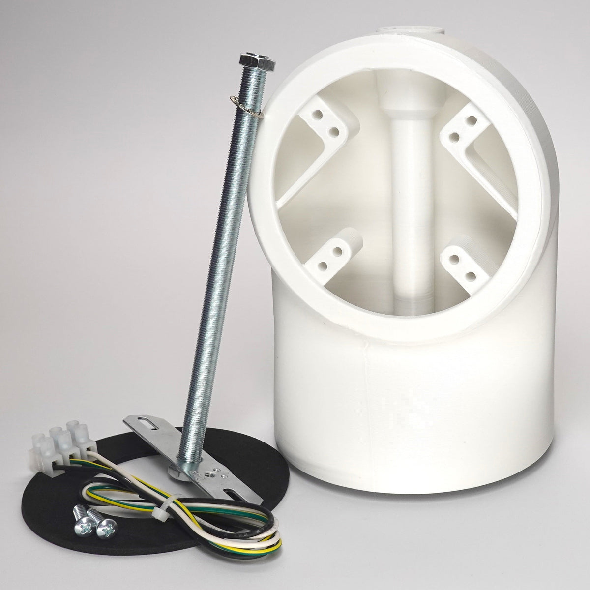 White 3D-printed Slim 90° Soffit Mount for floodlight cameras, include screws, round weatherproof gasket, wires and crossbar installation hardware.