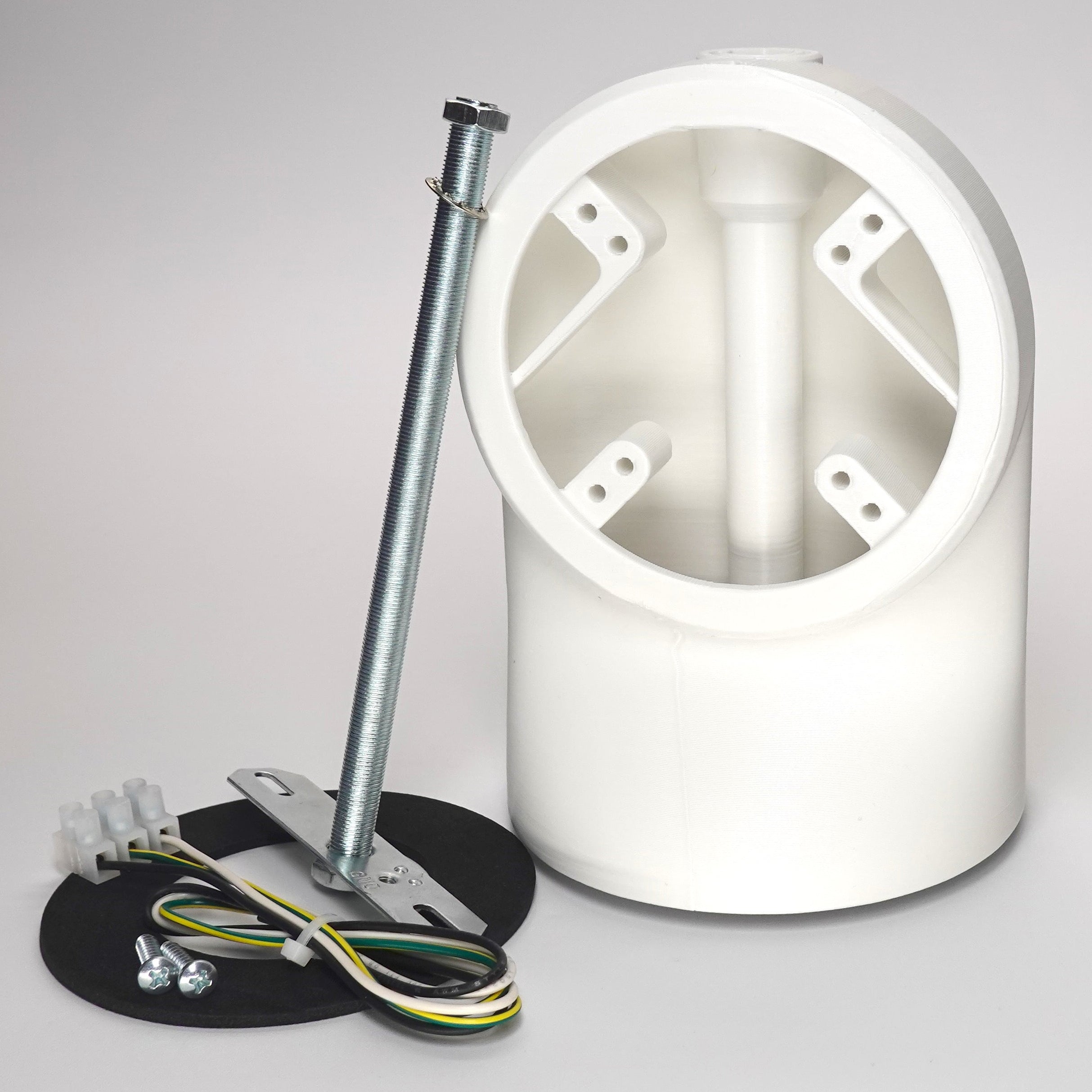 White 3D-printed Slim 90° Soffit Mount for floodlight cameras, include screws, round weatherproof gasket, wires and crossbar installation hardware.