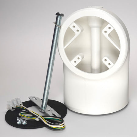 White 3D-printed Slim 90° Soffit Mount for floodlight cameras, include screws, round weatherproof gasket, wires and crossbar installation hardware.