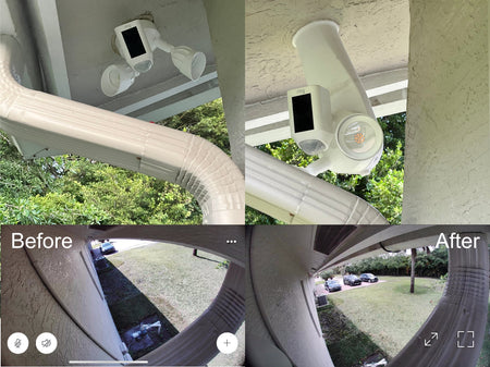 Before and after difference in camera coverage using downspout extender