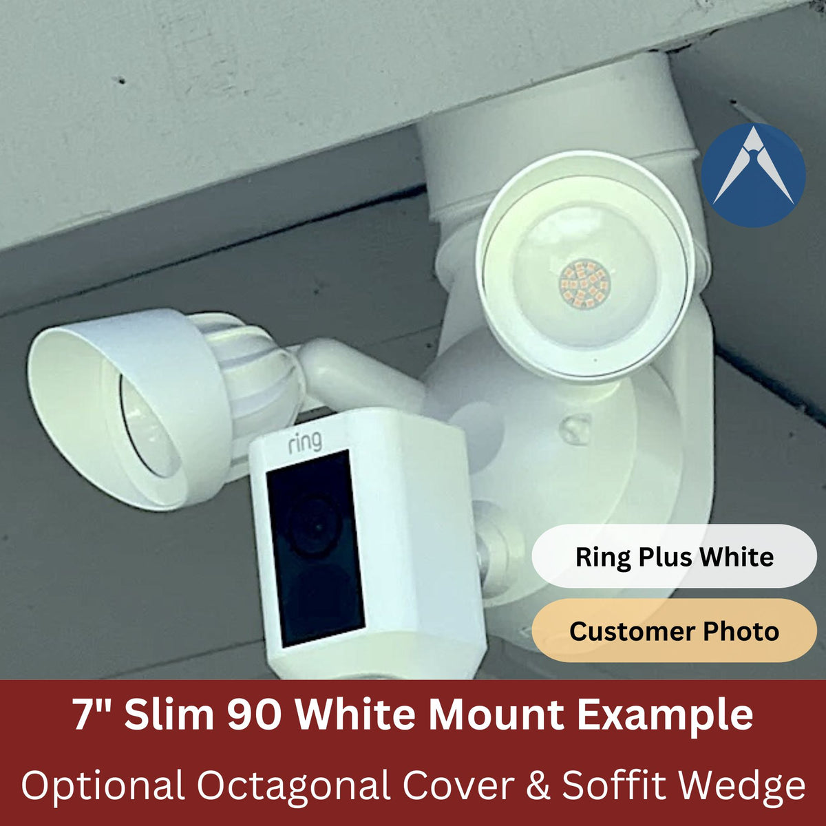 A Ring CAM Plus soffit mounted with Alexaclty White Slim 90 Floodlight Mount, Soffit Wedge and Octagonal Cover