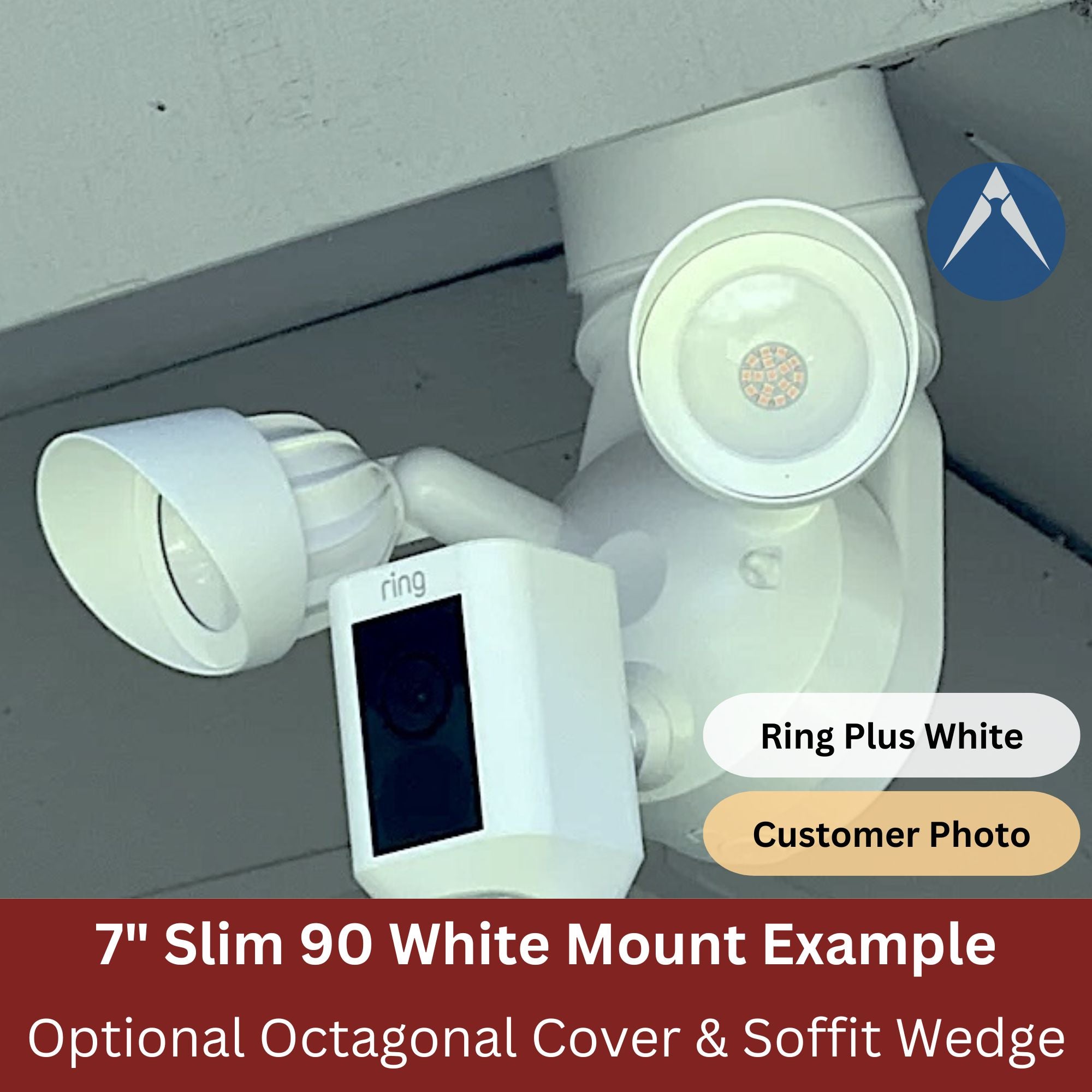 A Ring CAM Plus soffit mounted with Alexaclty White Slim 90 Floodlight Mount, Soffit Wedge and Octagonal Cover