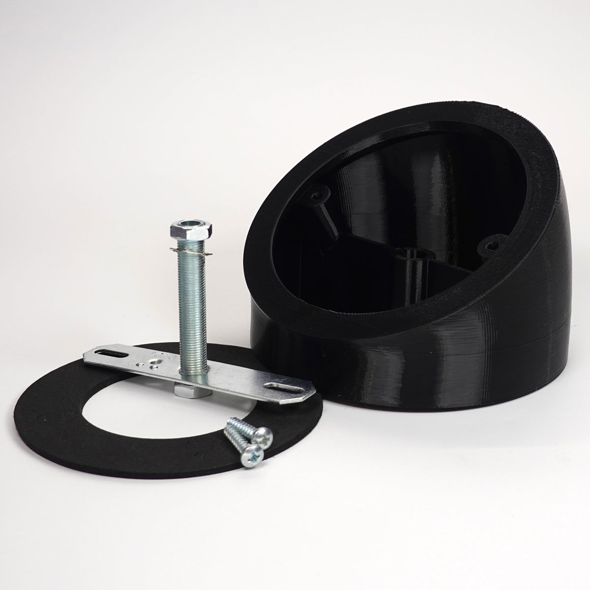 Black 3D-printed angled soffit wedge mount for floodlight cameras.