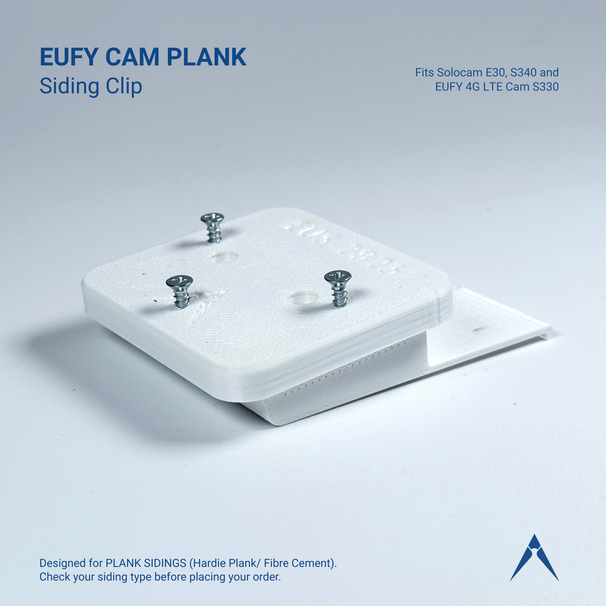 Plank siding clip and square mounting base for a eufy SoloCam, include screws.