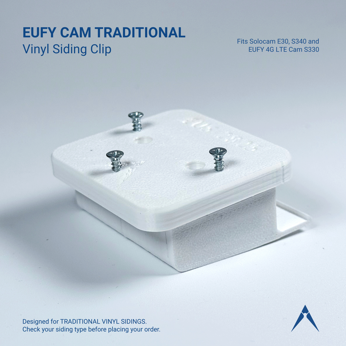 Traditional vinyl siding clip and square mounting base for a eufy SoloCam, include screws.