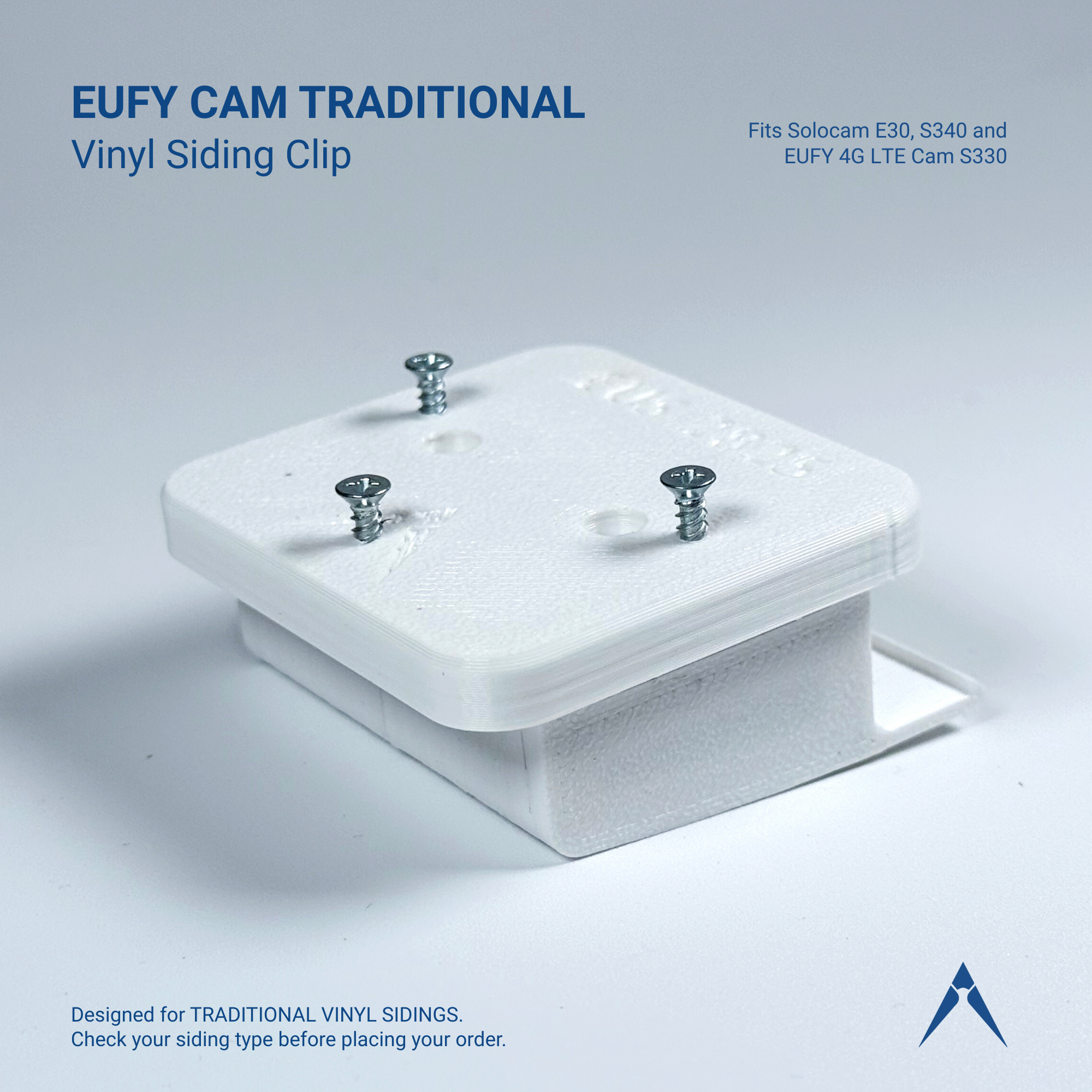 Traditional vinyl siding clip and square mounting base for a eufy SoloCam, include screws.
